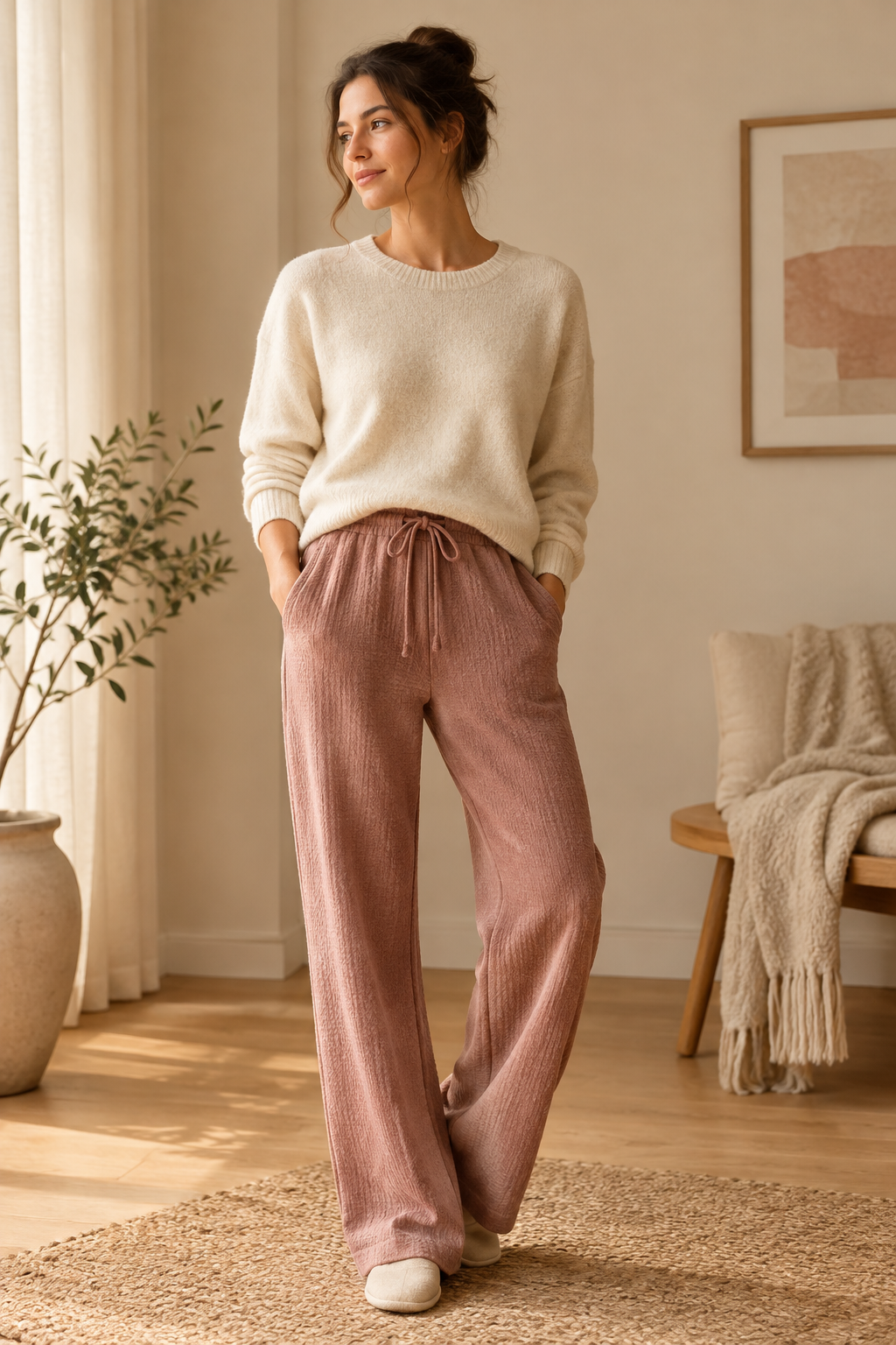 Relaxed drawstring pants with textured cotton weave detail