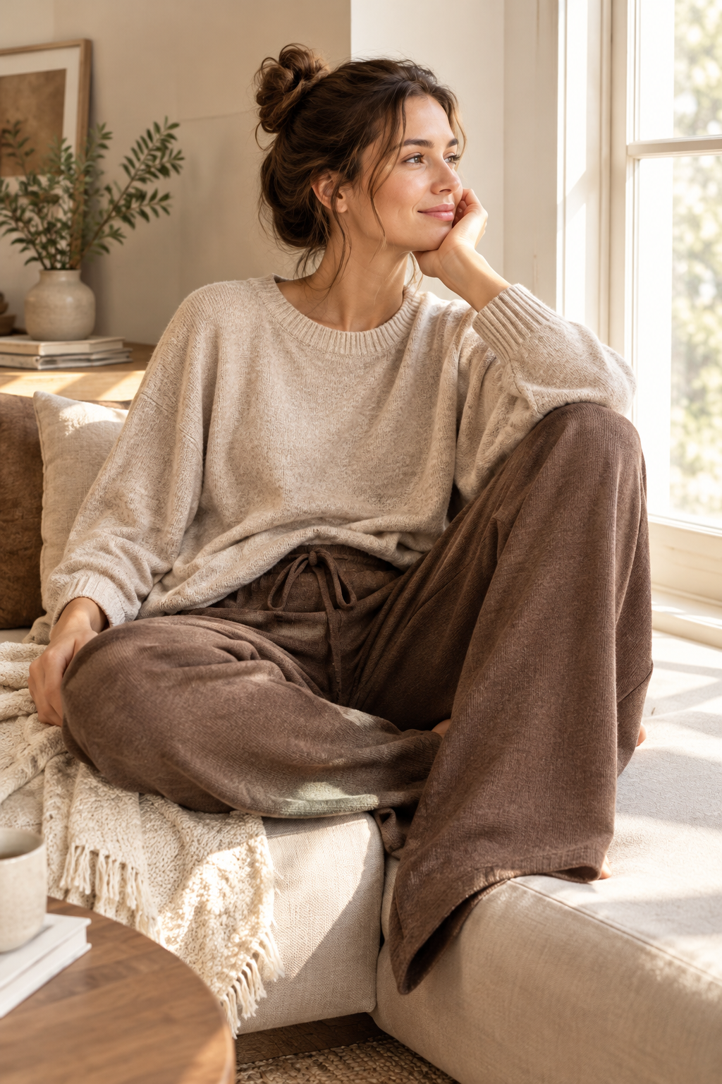 Warmly lit indoor lifestyle scene showing relaxed lounge clothing with visible knit texture and soft drape