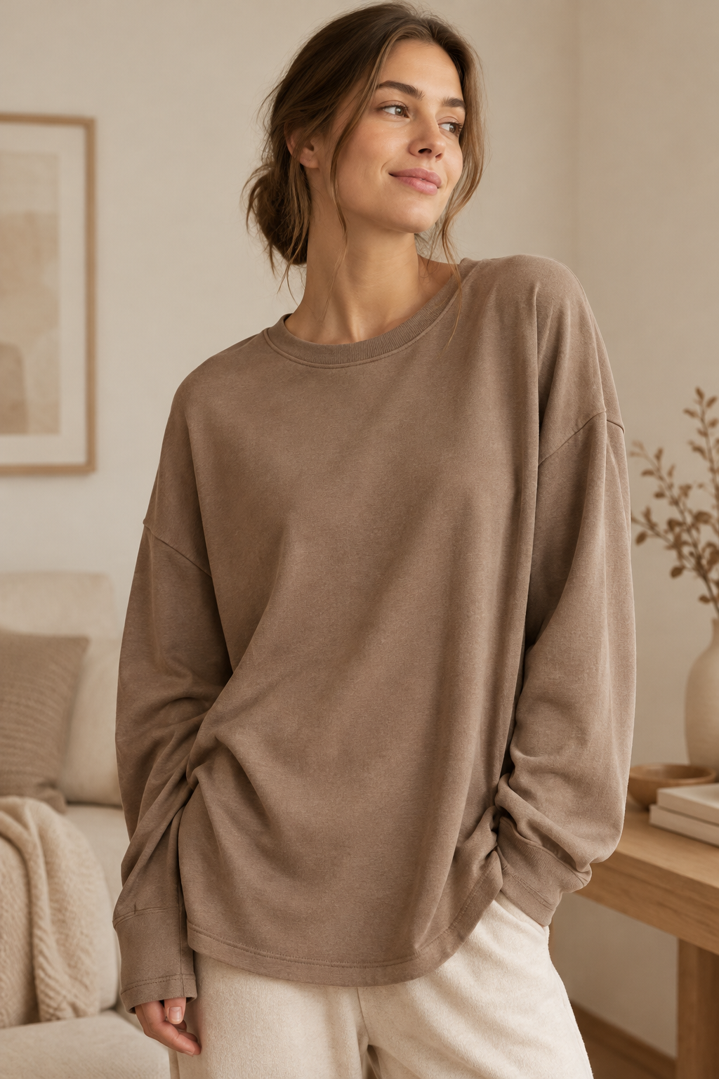 Oversized soft top with draped sleeves in muted warm tones