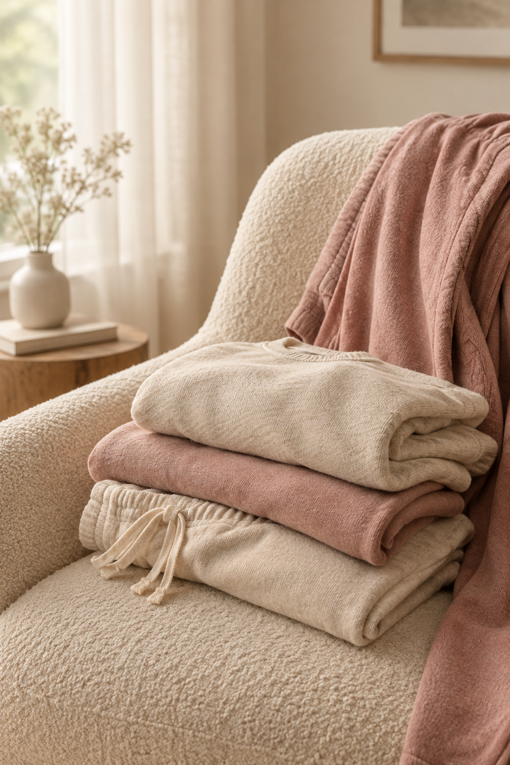 Softly lit lifestyle close-up of relaxed loungewear fabric and folded apparel on a cozy chair