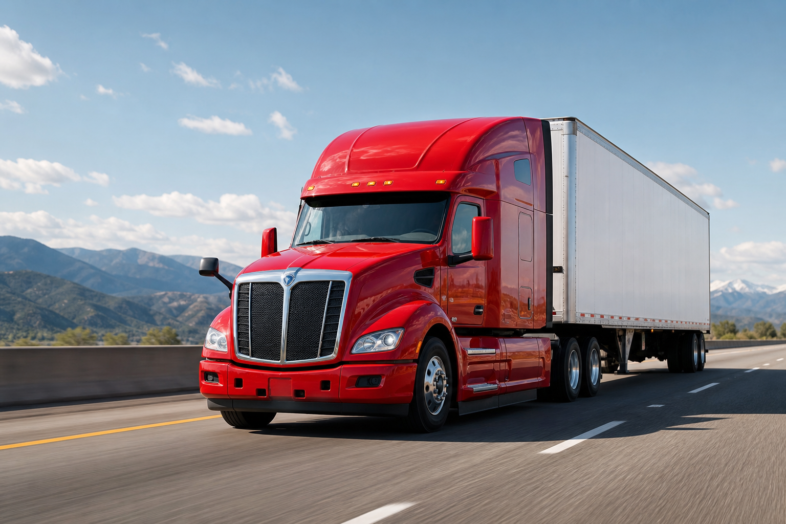 modern red semi-truck hauling a white trailer on a sunlit highway in the United States
