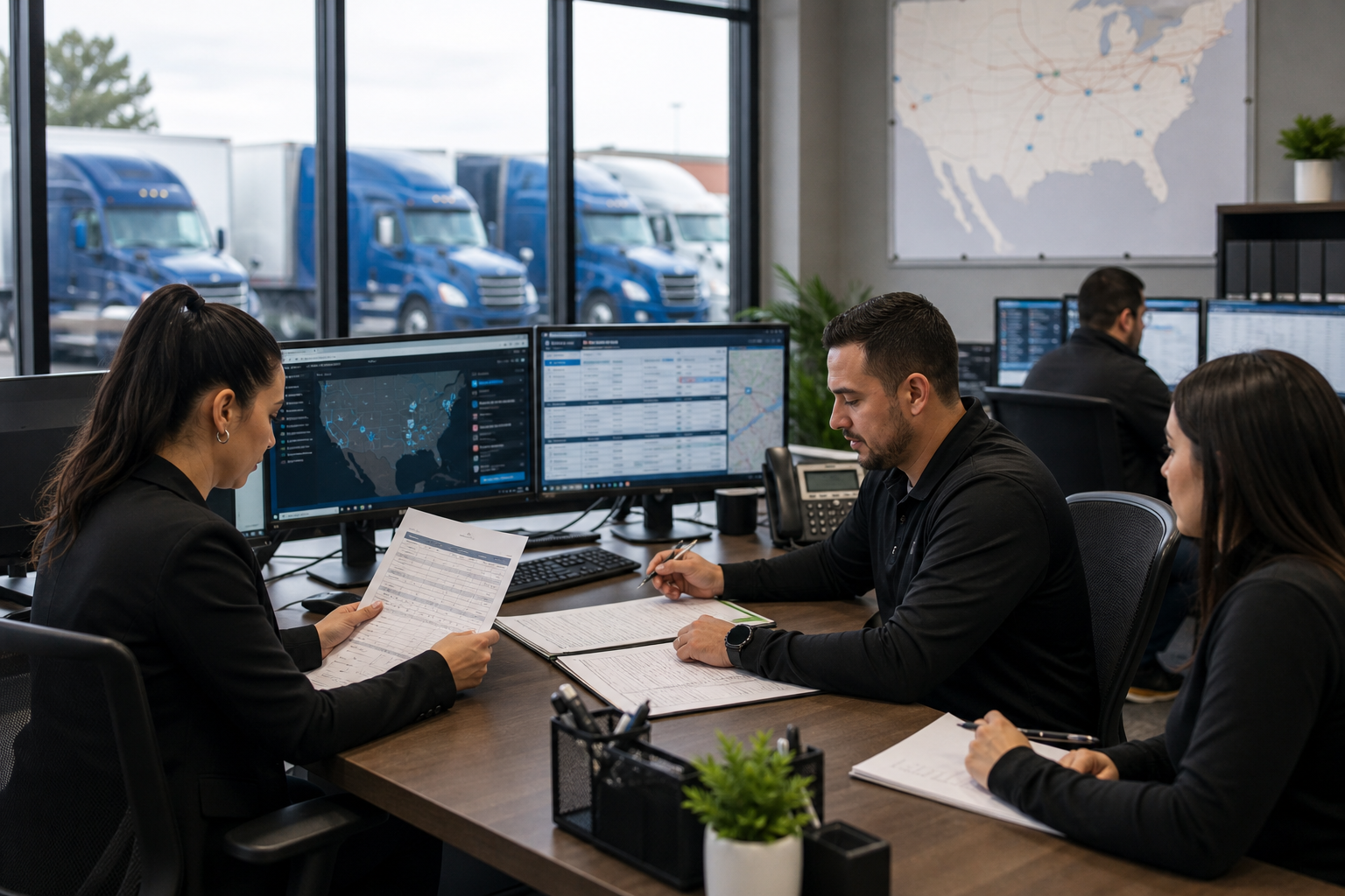 Professional logistics dispatch team reviewing freight schedules in a modern operations office