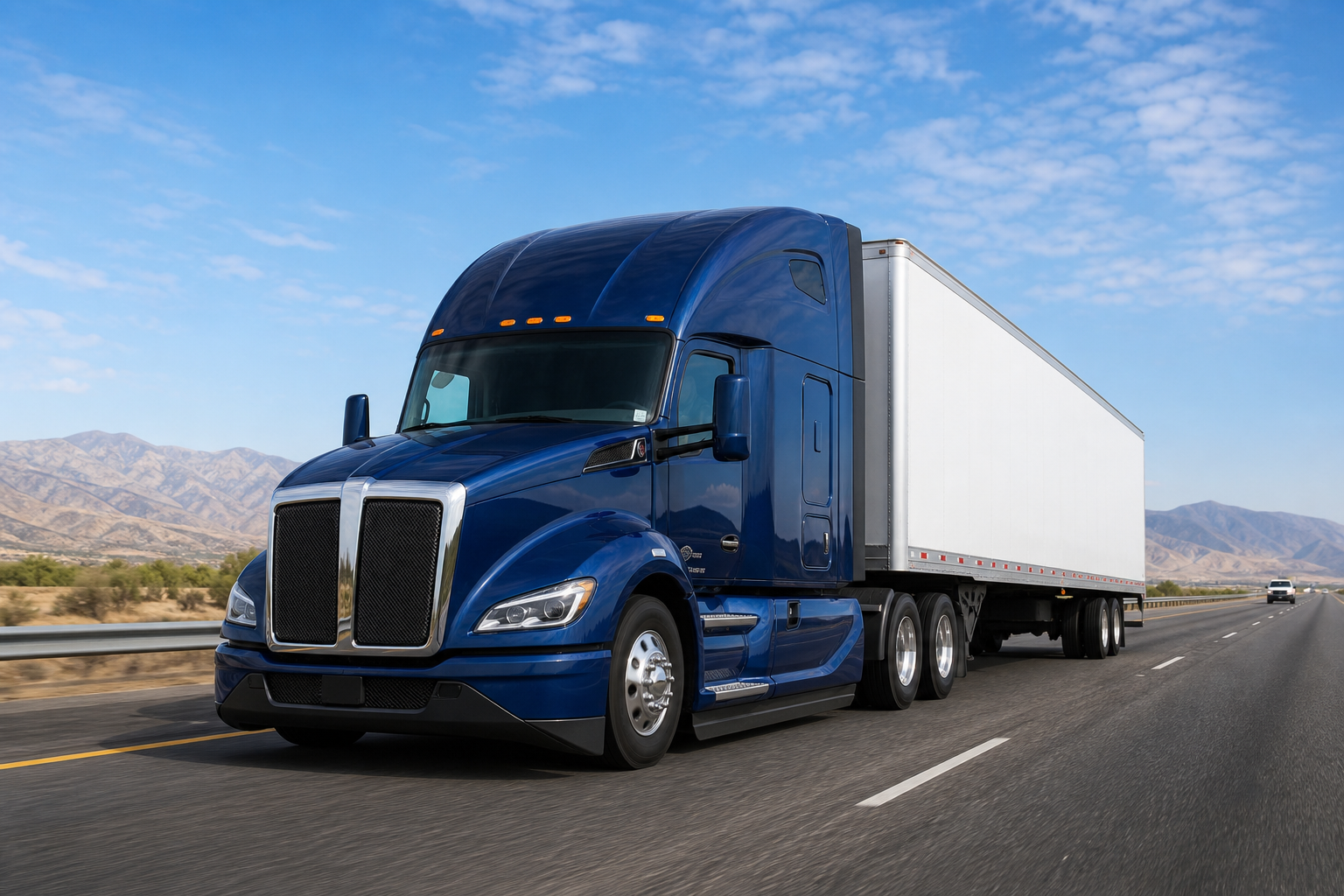Deep blue long-haul tractor trailer driving on an open interstate under clear daylight