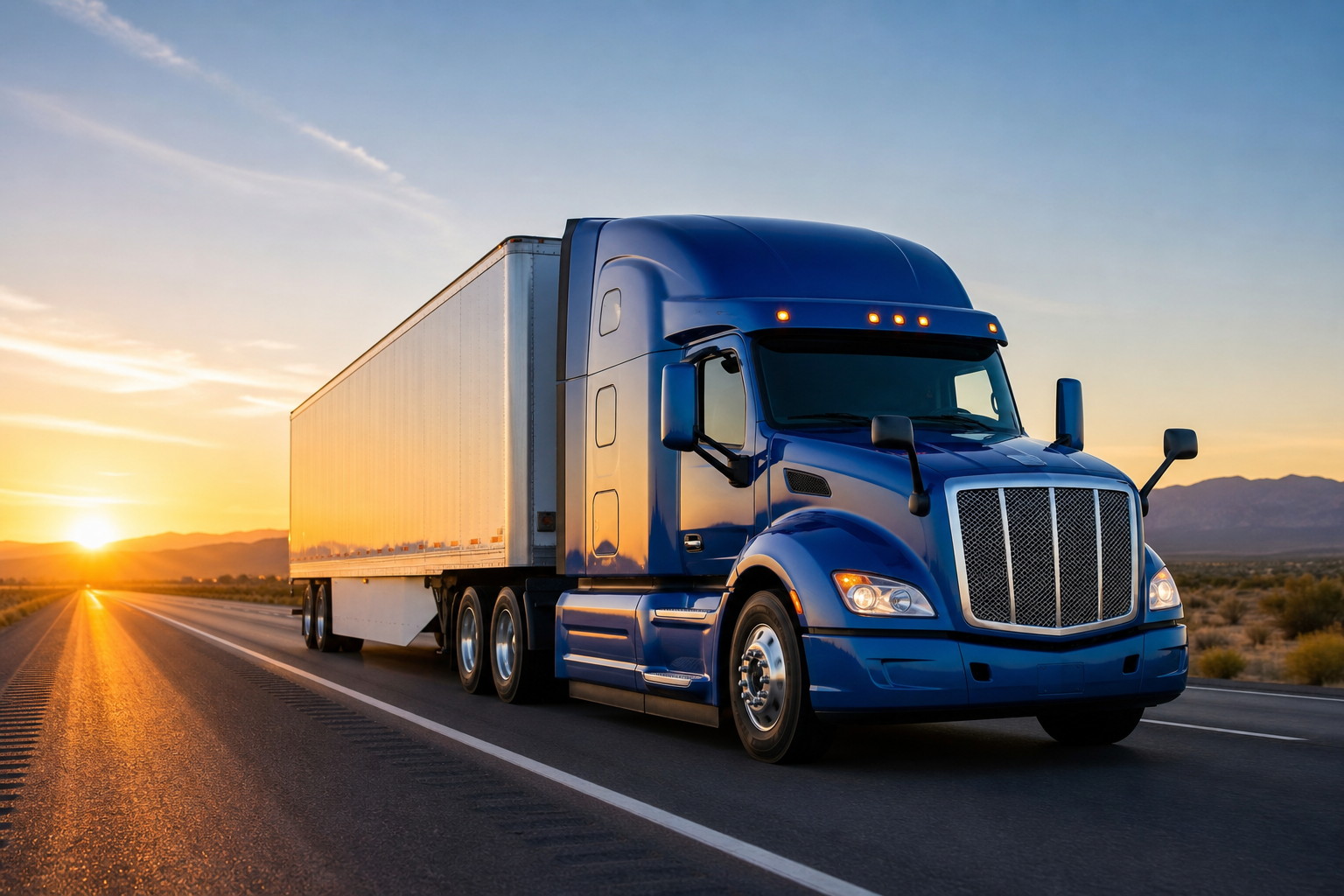 Modern semi-truck hauling a loaded trailer on a U.S. highway at sunrise