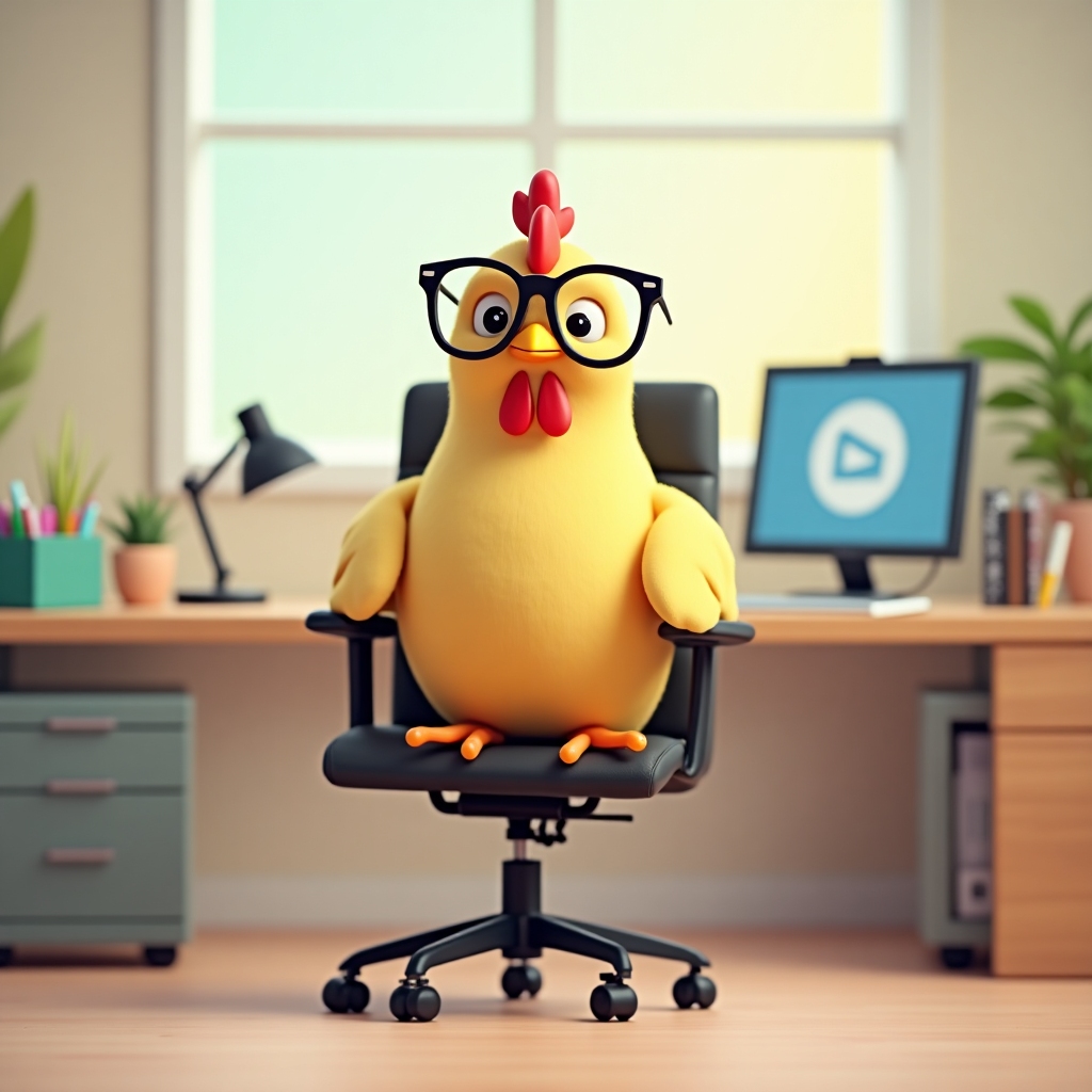 A chicken sitting at a desk in a rolling office chair, wearing tiny glasses and looking ready for a Zoom call