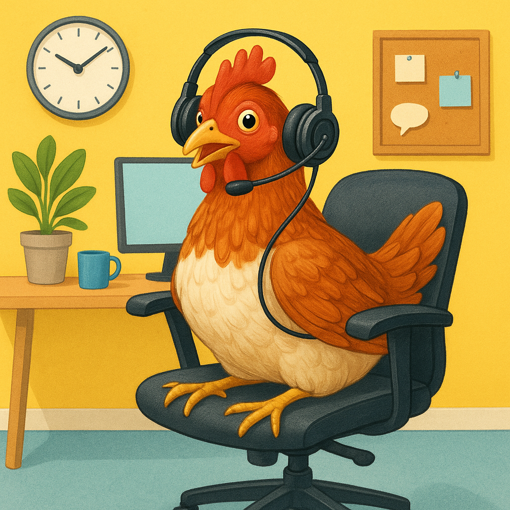 Chicken spinning in an office chair with a headset