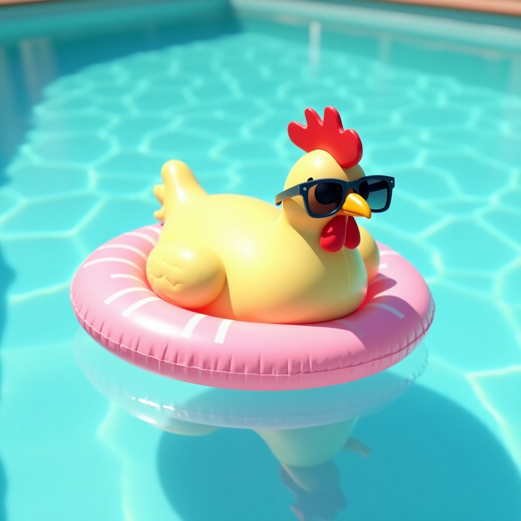 A chicken lounging on a floaty in a pastel-blue swimming pool, wearing sunglasses and looking fabulously relaxed