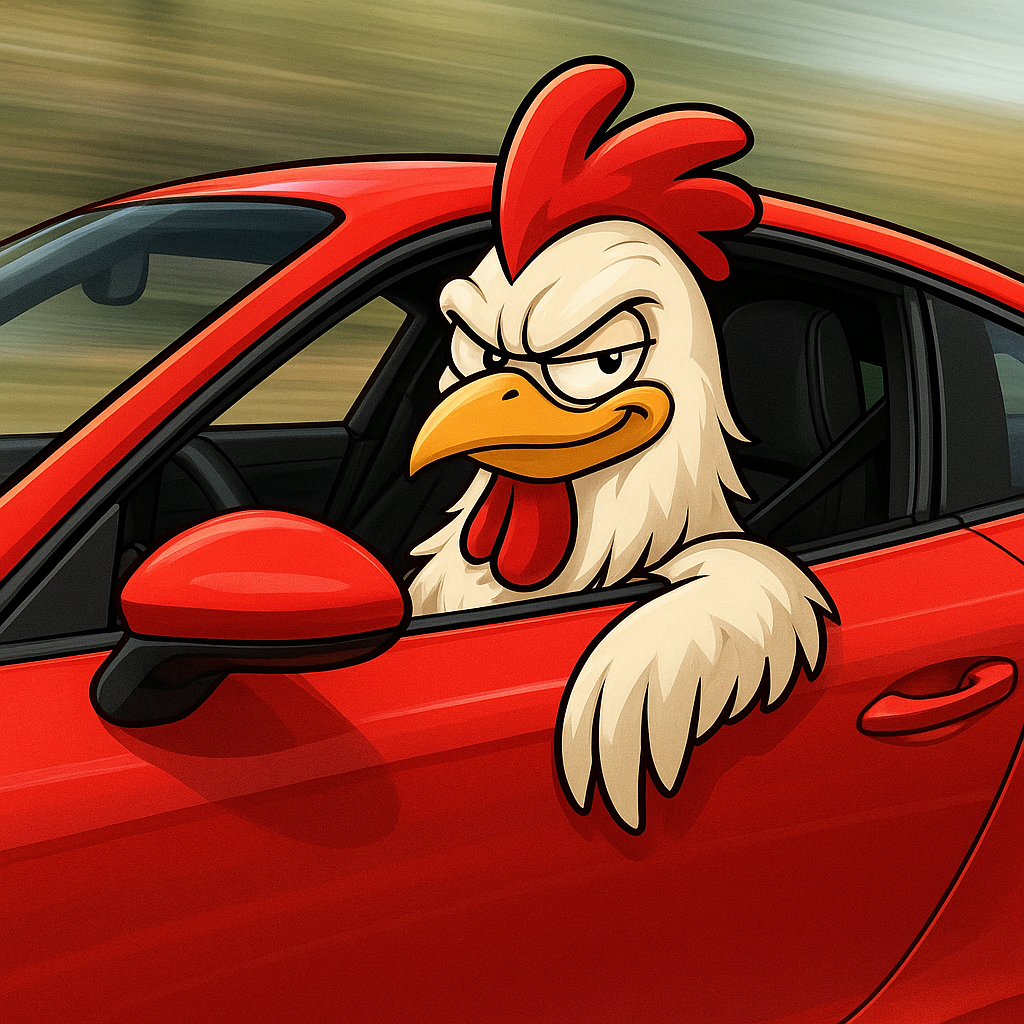Chicken in a red sports car looking mischievous