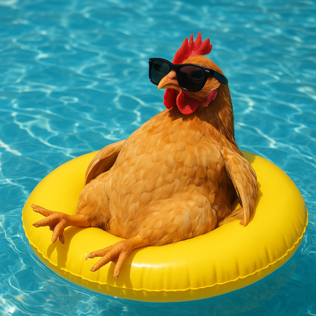 Chicken floating on a pool inflatable with sunglasses
