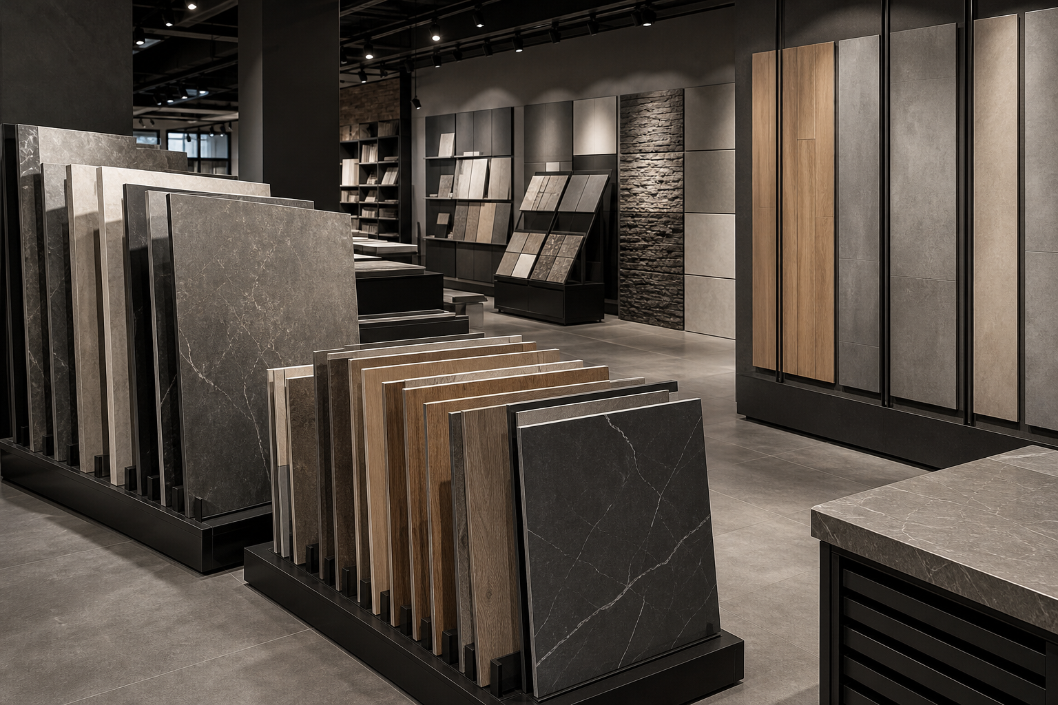 Professional building materials showroom display featuring tile samples, stone slabs, flooring boards, and interior finishing panels arranged for business selection