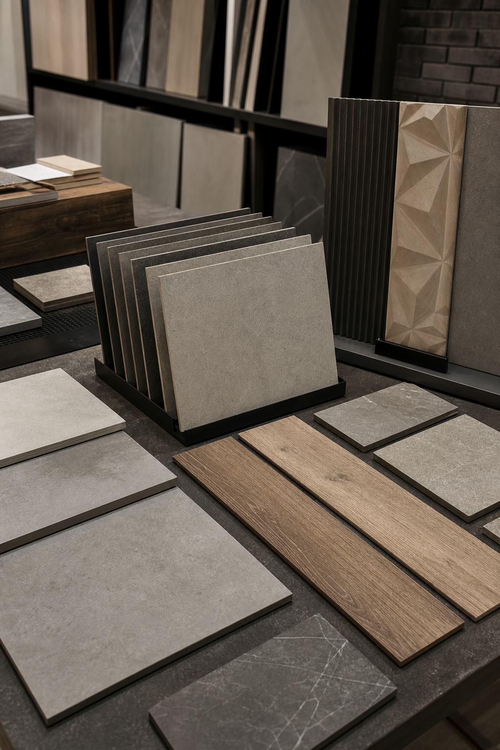 Showroom table with organized samples of tiles, flooring planks, and stone-look finish boards for interior material selection