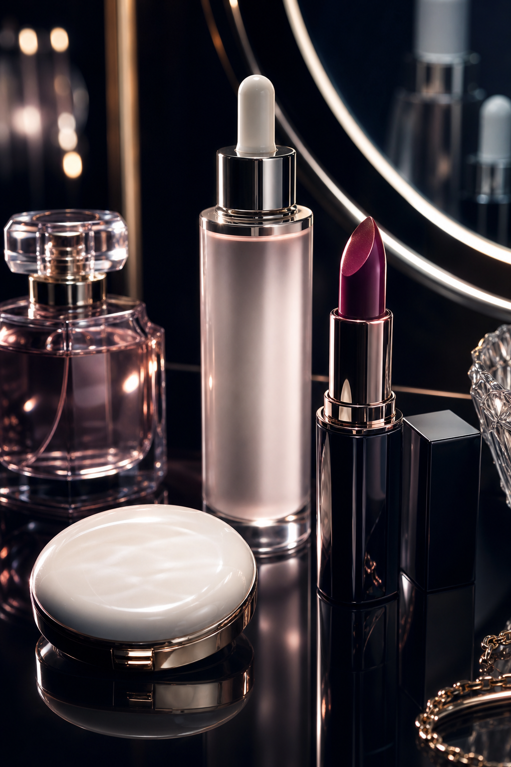 Glossy premium beauty still-life with elegant packaging, reflective surfaces, and luminous styling