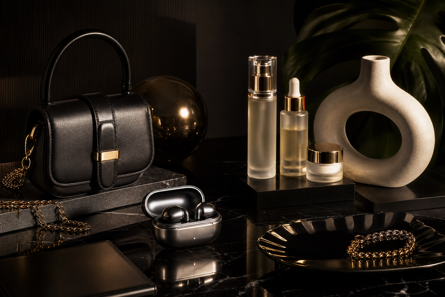 Glossy editorial still-life montage of premium cross-category shopping finds including sleek fashion accessories, a minimalist gadget, beauty items, and modern home objects on dramatic high-contrast surfaces