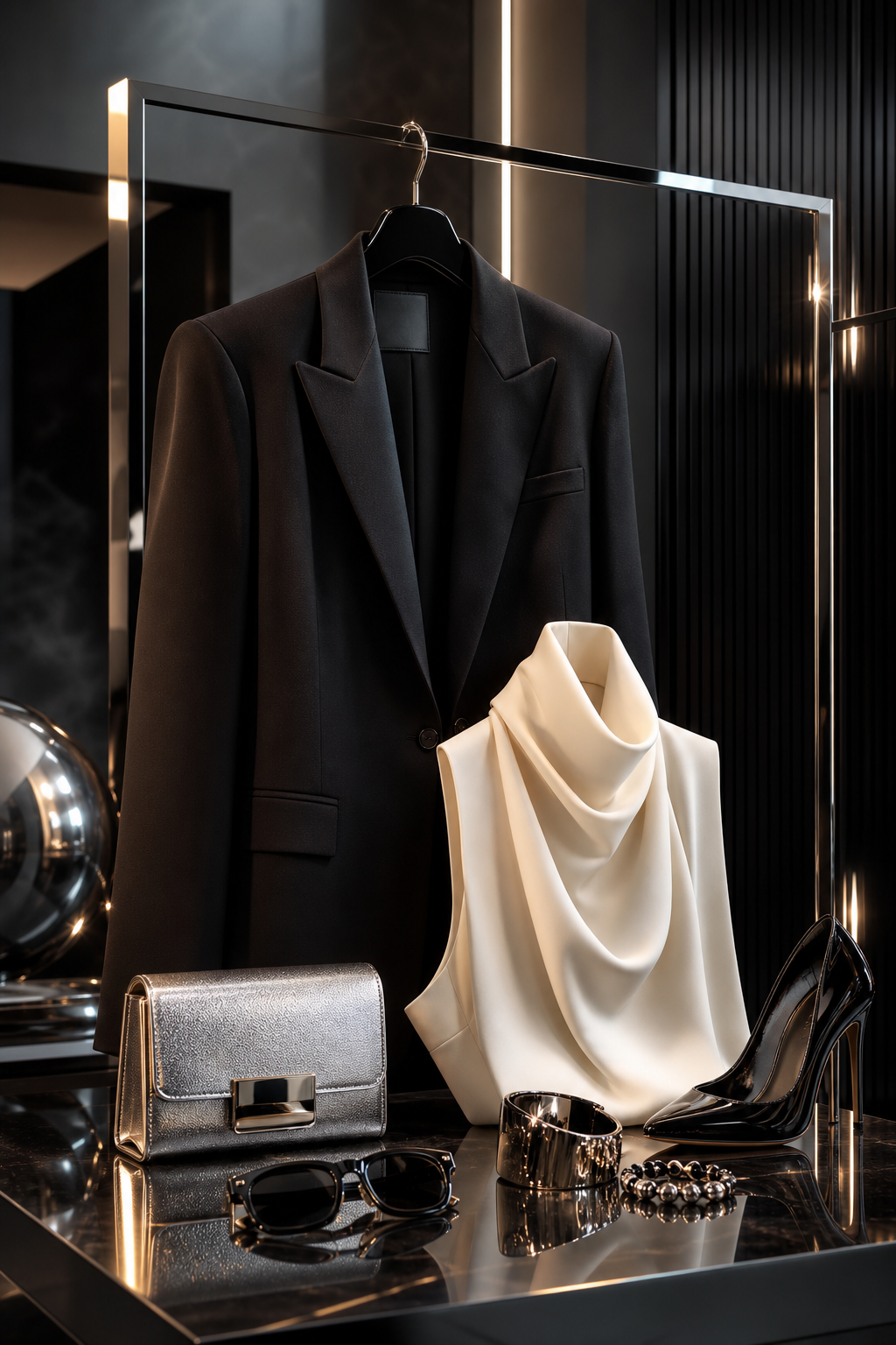Glossy premium fashion composition with elevated textures, refined silhouettes, and high-tech editorial lighting