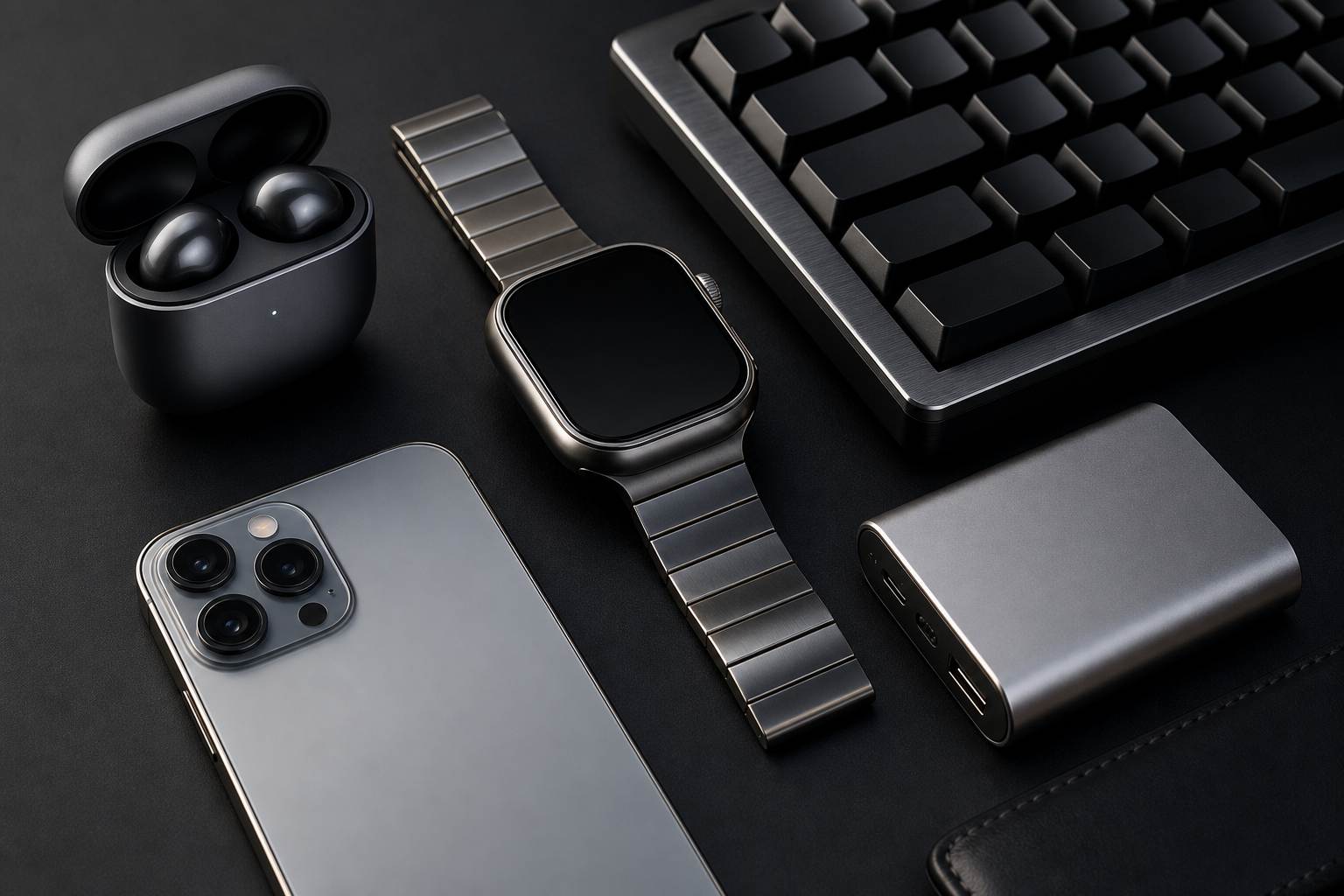 Sleek arrangement of premium gadgets with dramatic lighting and refined surfaces
