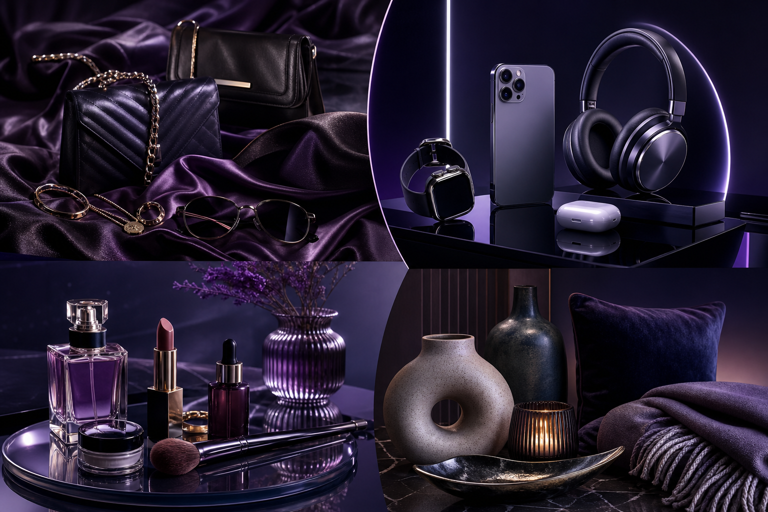 Glossy high-tech lifestyle collage blending fashion textures, sleek gadgets, beauty still-life cues, and refined home styling