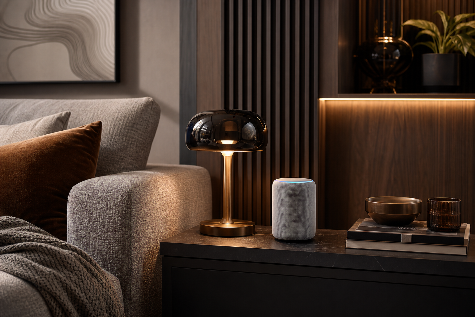 Premium interior detail composition with warm-modern decor, refined textures, and subtle smart-home elements