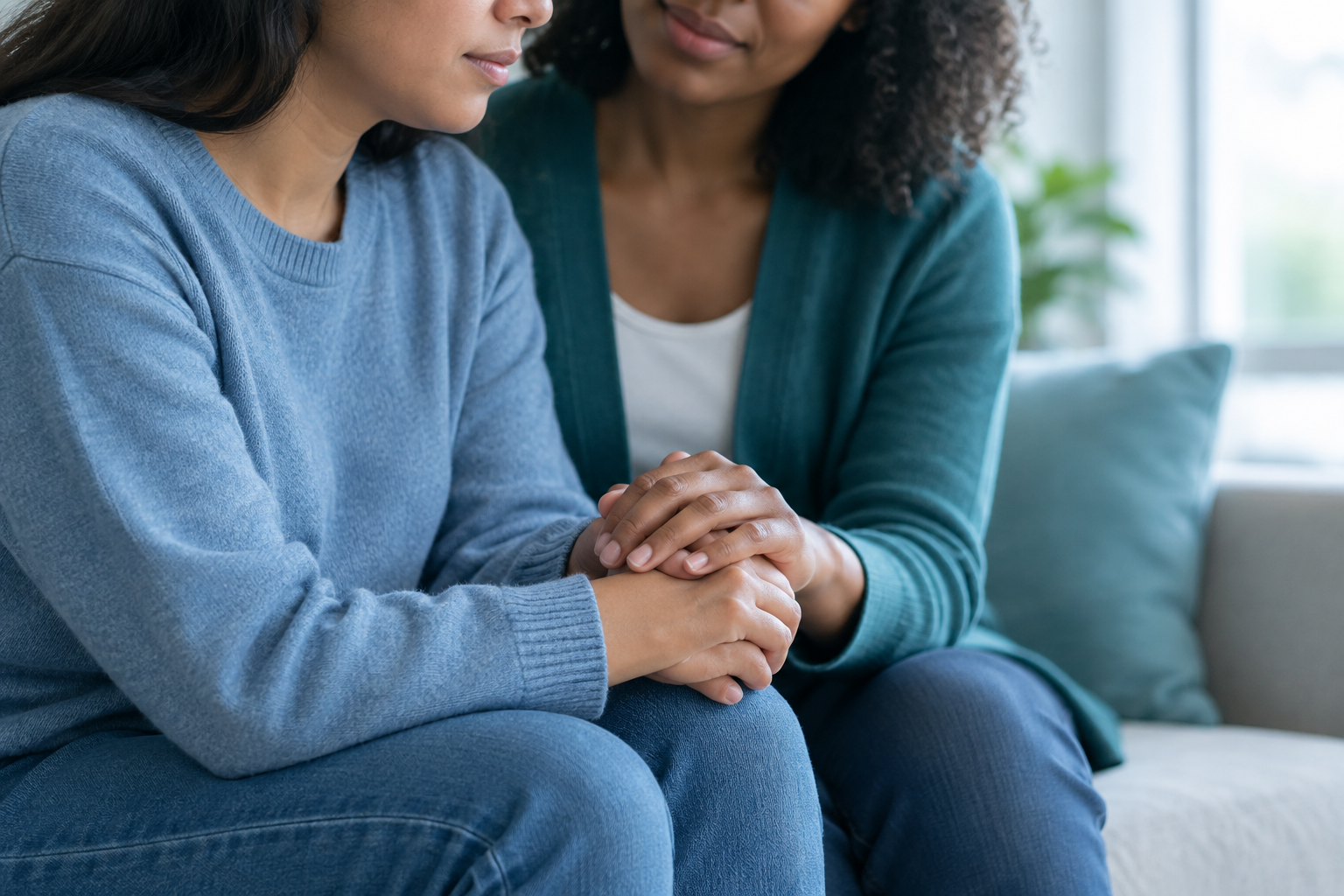 A calm, diverse support moment with two people gently holding hands in reassurance in soft natural light
