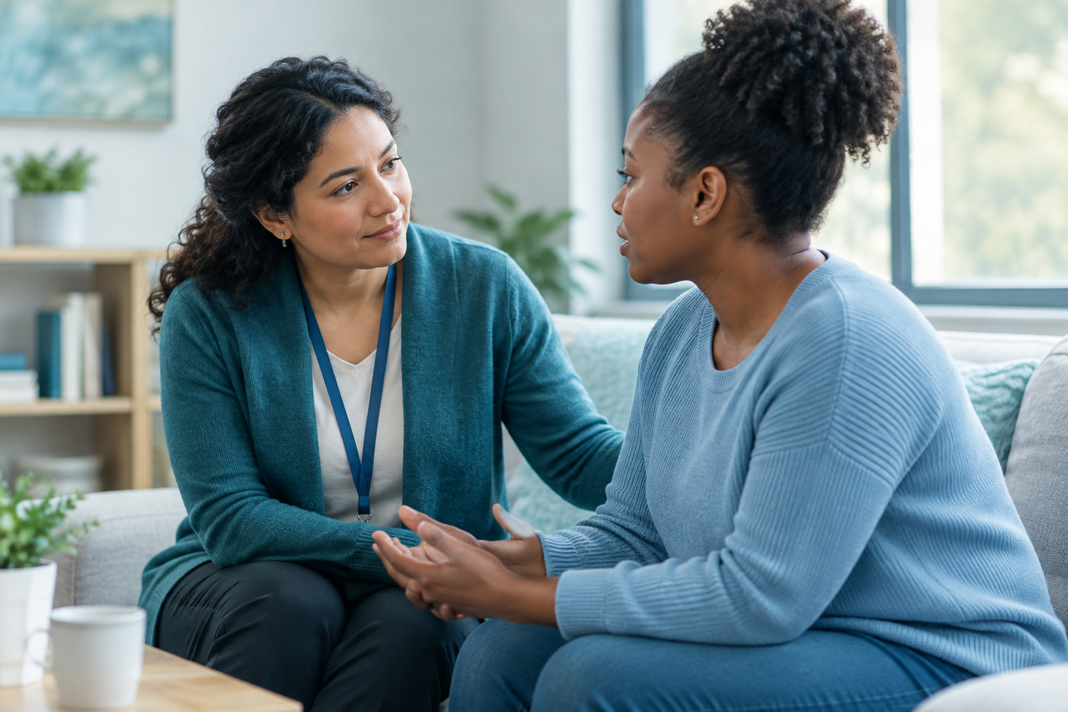 Two people sitting together in calm supportive conversation with soft natural light, expressing safety and reassurance