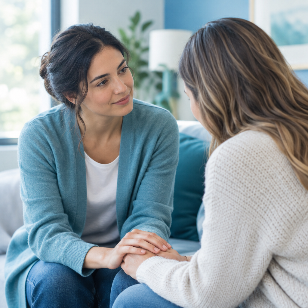 Two adults in a calm private conversation, one offering reassurance with a gentle hand on the other person's shoulder in soft natural indoor light