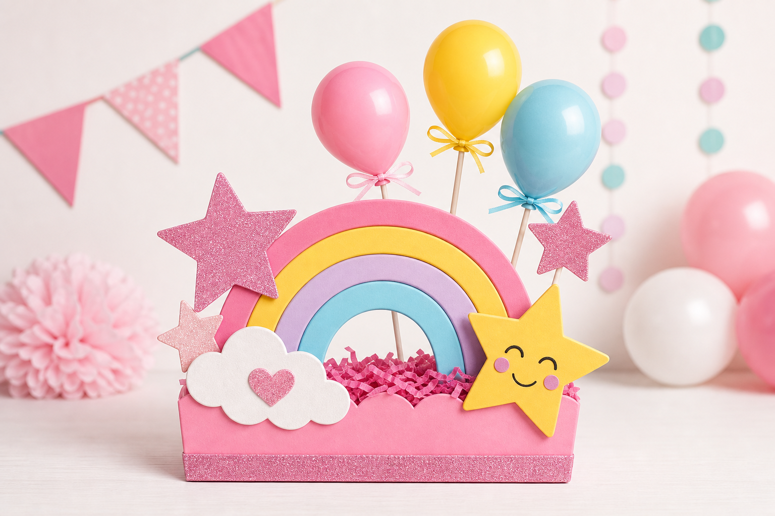 Centro de mesa infantil con arcoíris, estrellas y acabados prolijos en tonos pastel