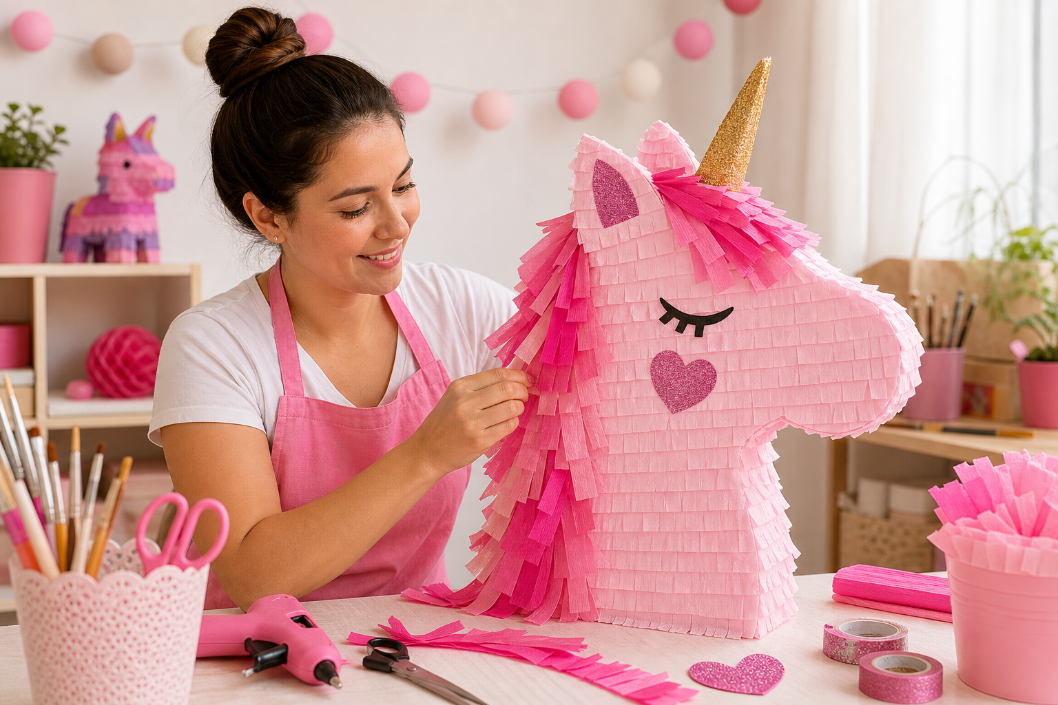 Artesana armando una piñata infantil rosa con detalles brillantes y papel crepé