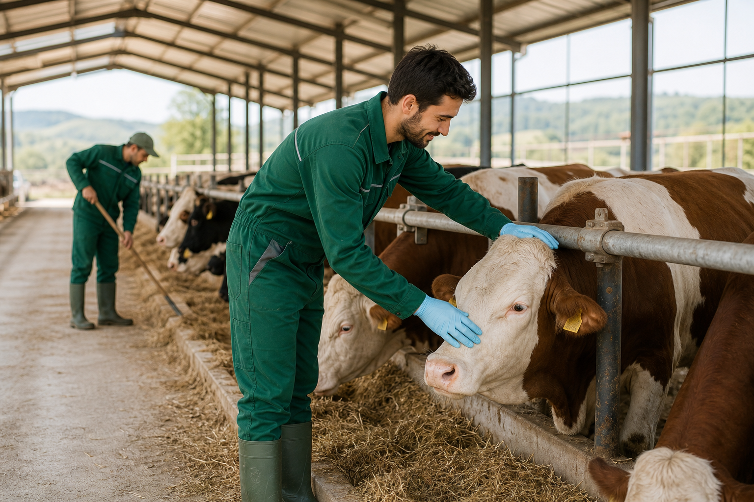 Bakım rutini sırasında görevli ekip ve büyükbaş hayvanlar