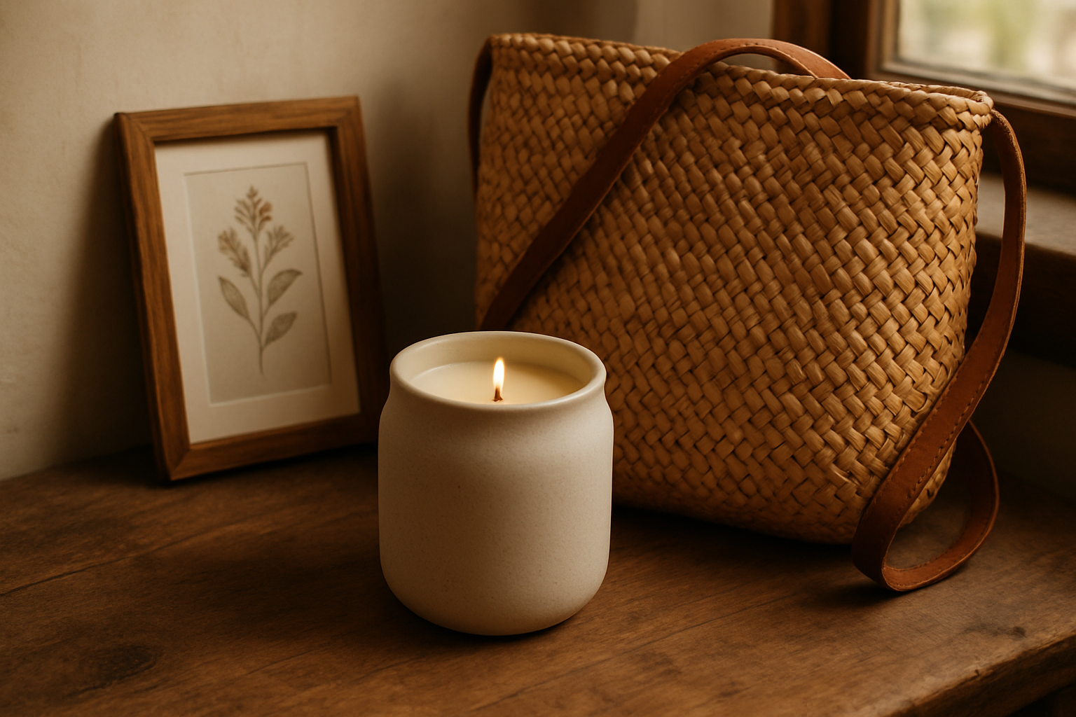 Cozy artisan still life with a hand-poured candle, a woven bag, and framed wall art on a wooden table