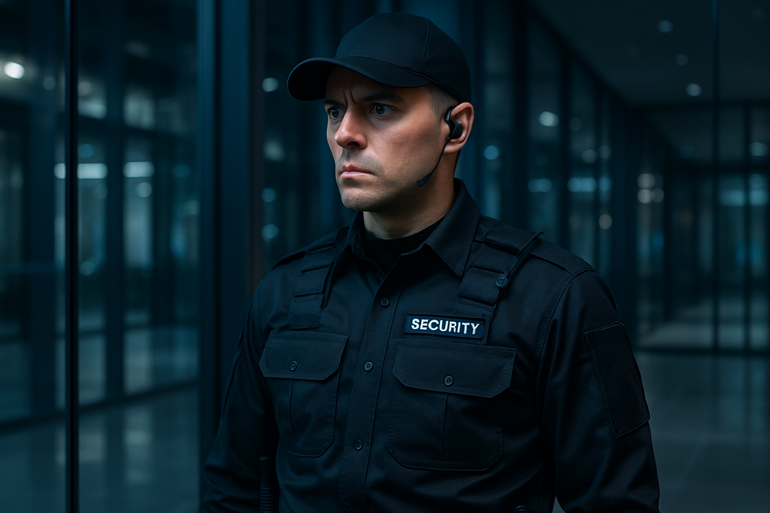 Professional security guard in modern black tactical uniform with tech headset, standing in a high-end glass-walled corporate lobby at night. Soft blue ambient lighting, cinematic, photorealistic.