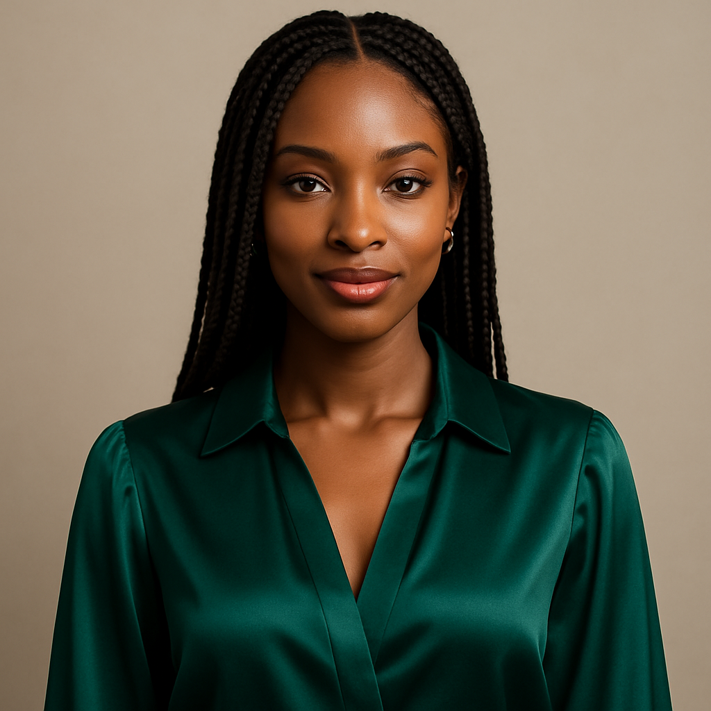 Elegant woman with deep brown skin, long braids, and a satin emerald blouse, smiling with poise