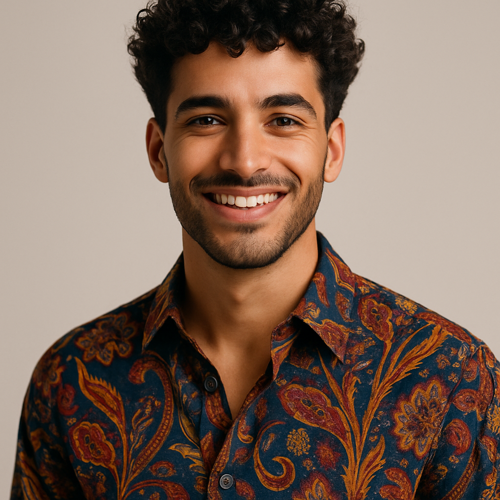 Young man with medium olive skin, curly dark hair, and a bold patterned shirt, smiling brightly
