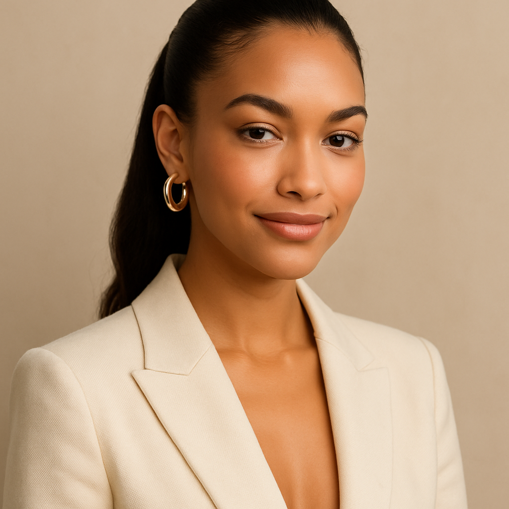 Stylish young woman with warm brown skin, sleek high ponytail, and a cream blazer, smiling softly