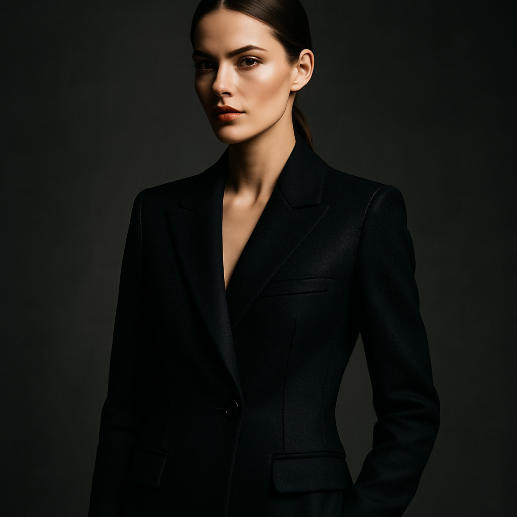 Editorial fashion model in a structured black coat with metallic accents, posing confidently against a minimalist studio backdrop