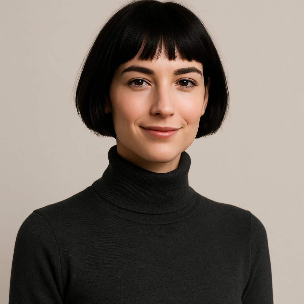 Minimalist woman with fair skin, short black bob, and a charcoal turtleneck, smiling with confidence