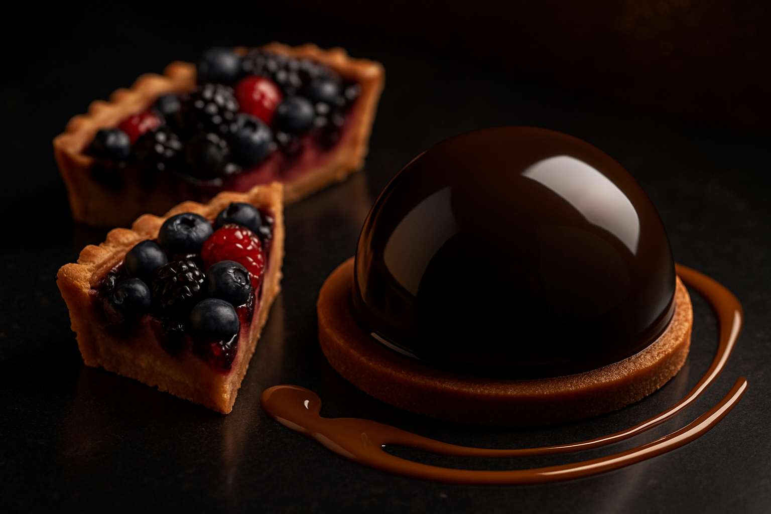 Luxury dessert concept image with glossy chocolate dome cake, berry tart slices, and caramel drizzle plated on a dark reflective stone surface