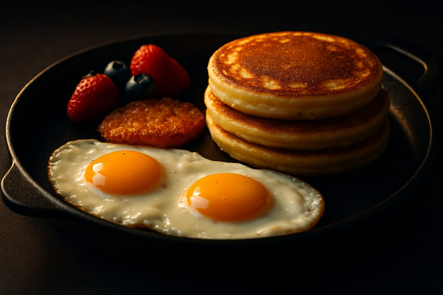 Breakfast concept photo with fluffy pancakes, sunny-side eggs, crisp hash browns, and fresh berries on a cast-iron platter with warm morning glow