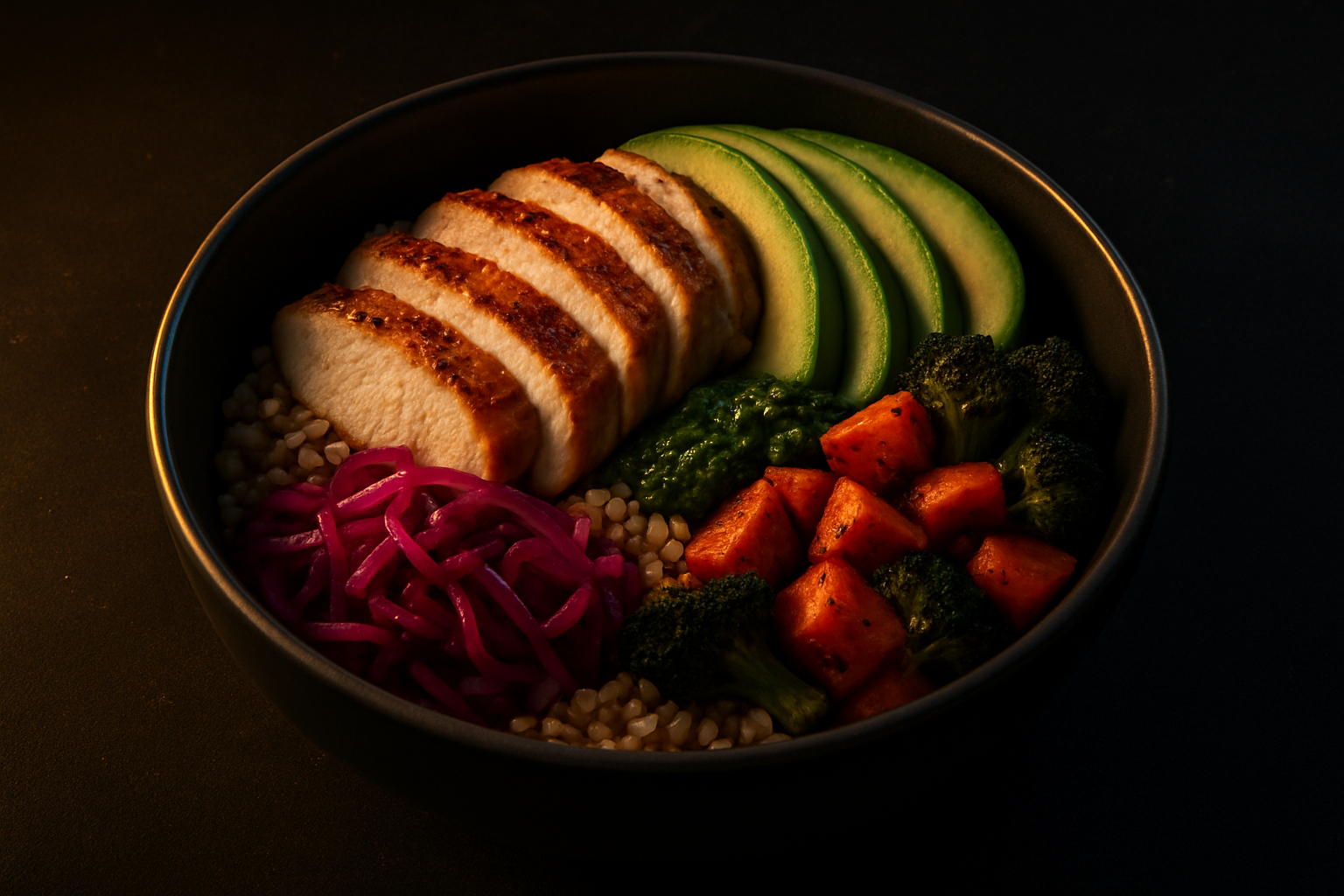 Healthy bowl concept with layered grain bowl featuring seared chicken, avocado slices, roasted vegetables, pickled slaw, and herb dressing in dramatic lighting