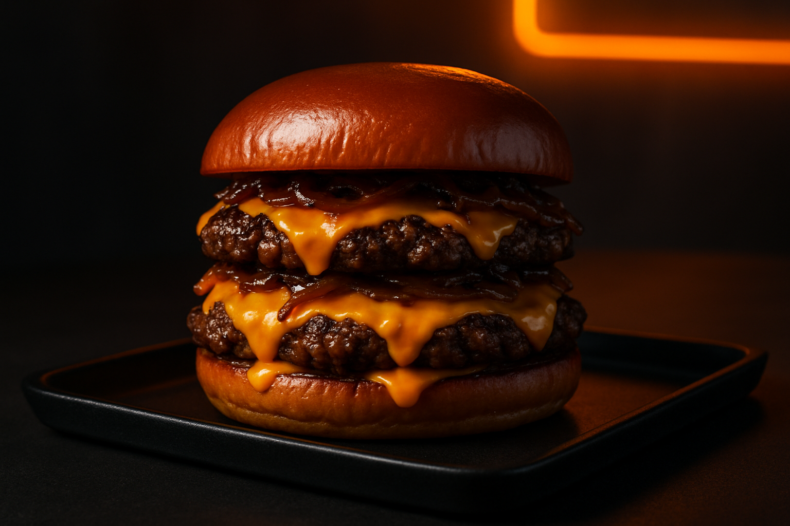 Futuristic burger concept shot with two stacked smash burgers, melted cheddar, caramelized onions, and glossy brioche buns on a matte black tray under amber neon highlights