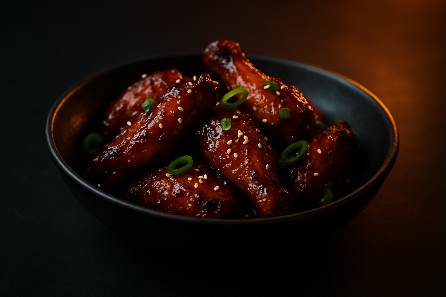 Cinematic wings concept featuring glazed chicken wings with sesame seeds and green onion in a dark metal bowl with moody studio backlight