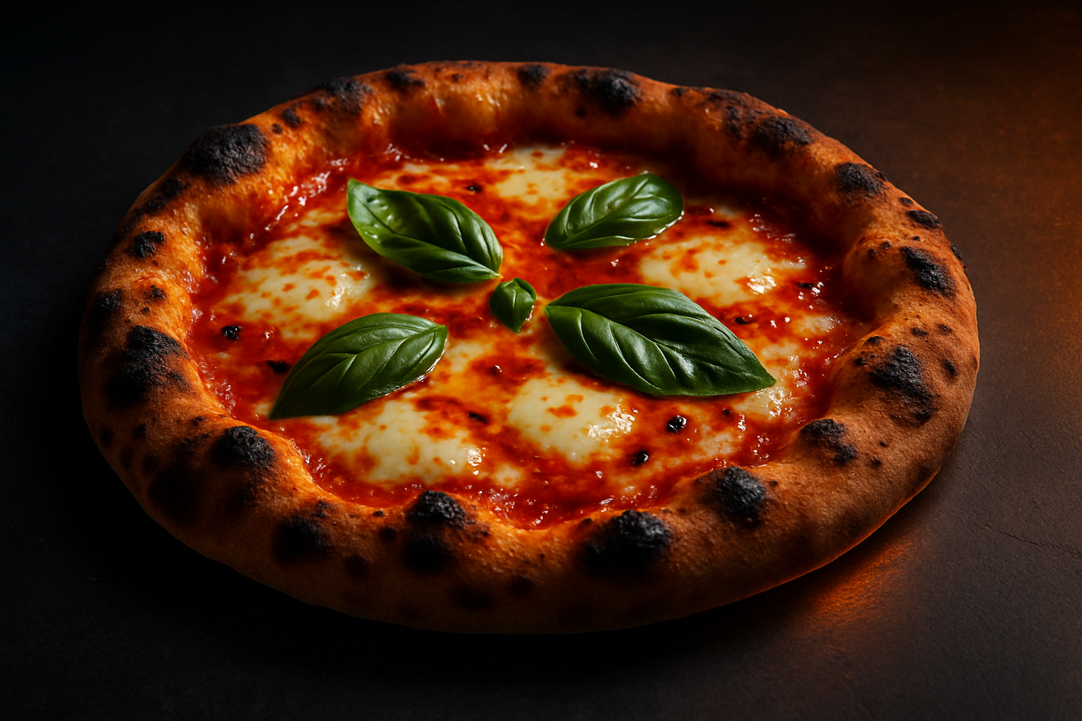 Premium pizza concept image of a blistered wood-fired pie with molten cheese, basil, and chili oil on a dark stone counter with glowing edge light