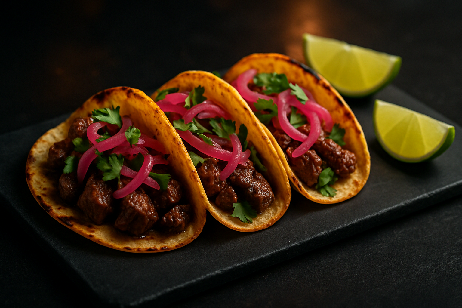 Street taco concept photo with three charred tacos filled with grilled beef, pickled onions, cilantro, and lime on a black slate platter
