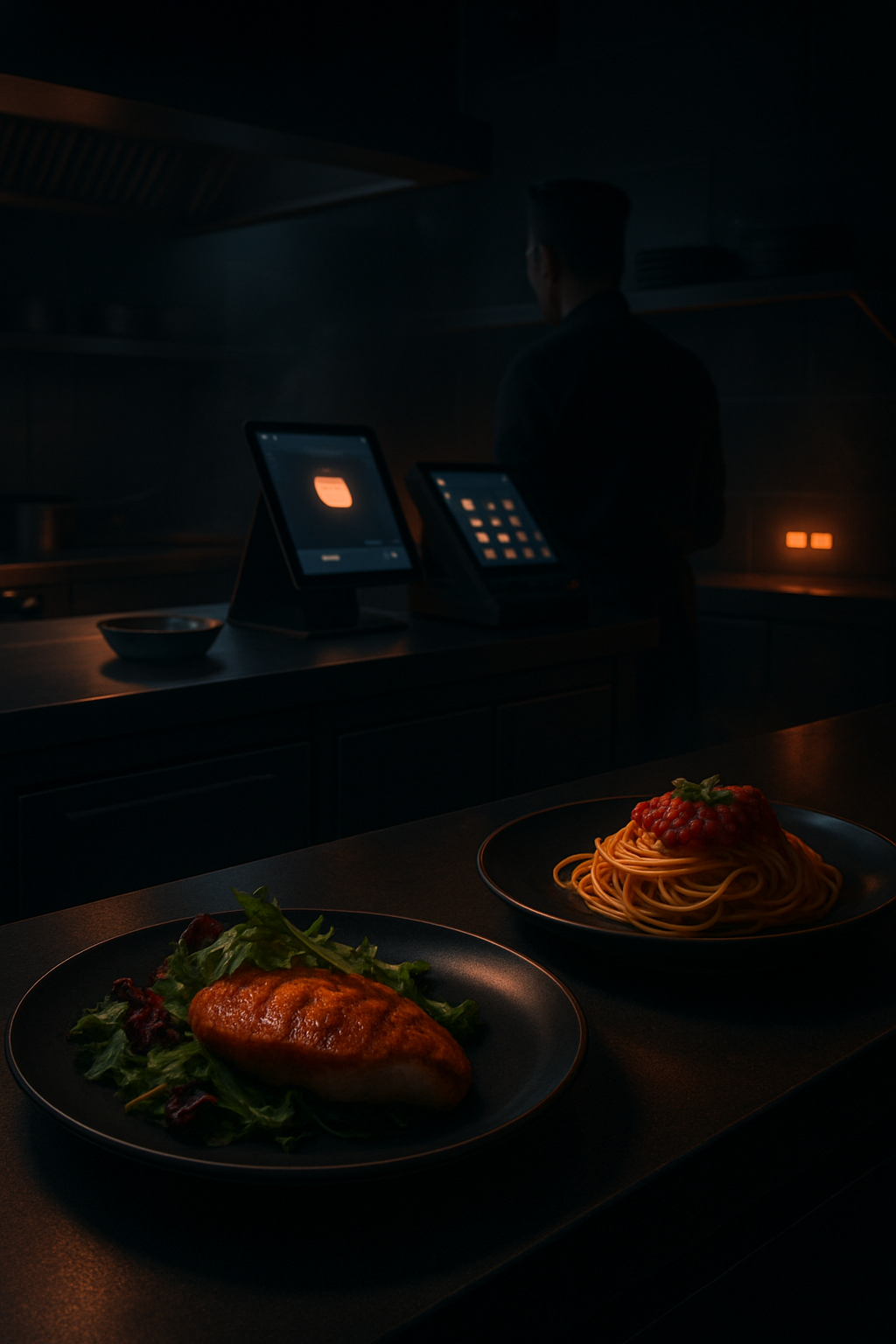Cinematic 3D kitchen command scene with plated gourmet food, glowing dashboard screens, and integrated restaurant technology devices