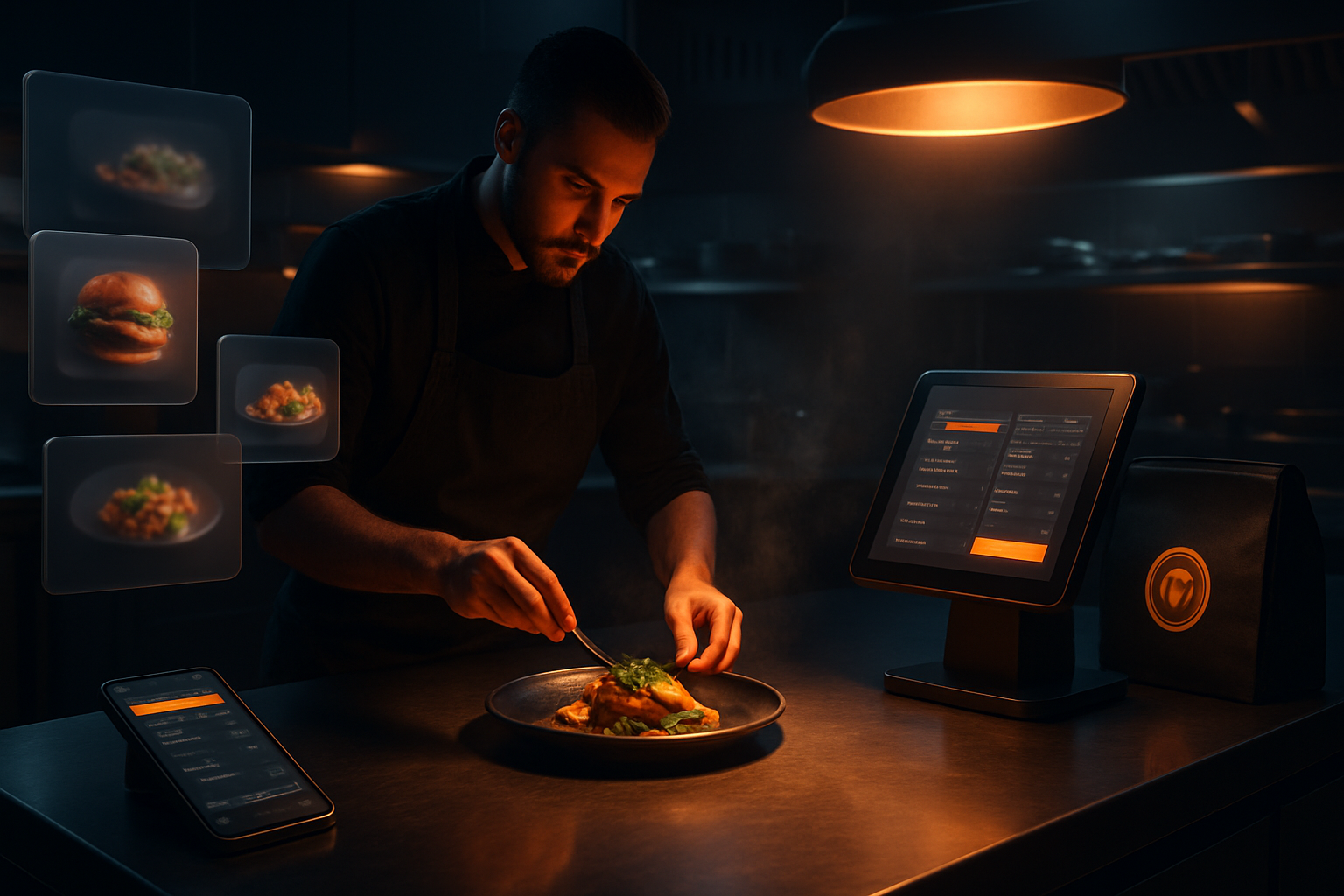 Cinematic commercial kitchen scene featuring a chef plating gourmet food beside a glowing POS terminal, smartphone order screen, branded delivery bag, and floating virtual brand cards in a futuristic glassmorphism environment