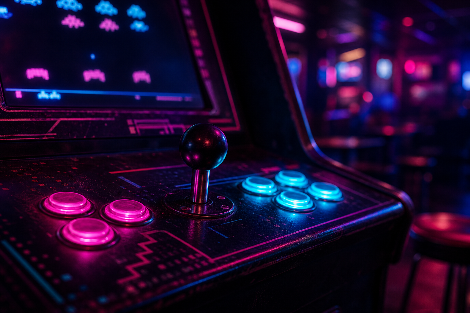 Close-up of a retro arcade control panel glowing with magenta and cyan lights in a dark bar setting