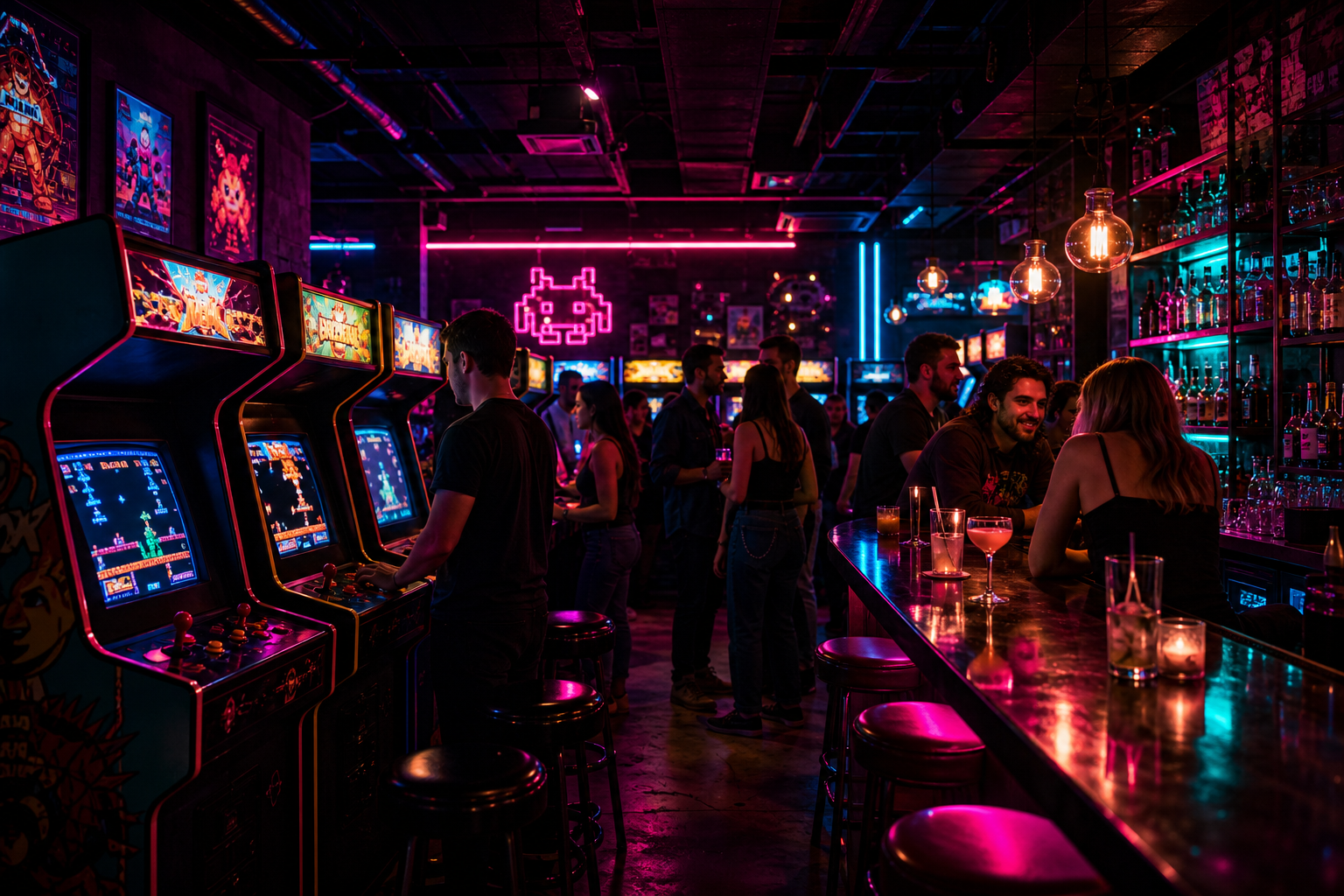 Glowing retro arcade bar interior with classic game cabinets, neon magenta and cyan lighting, and groups enjoying a late-night social atmosphere