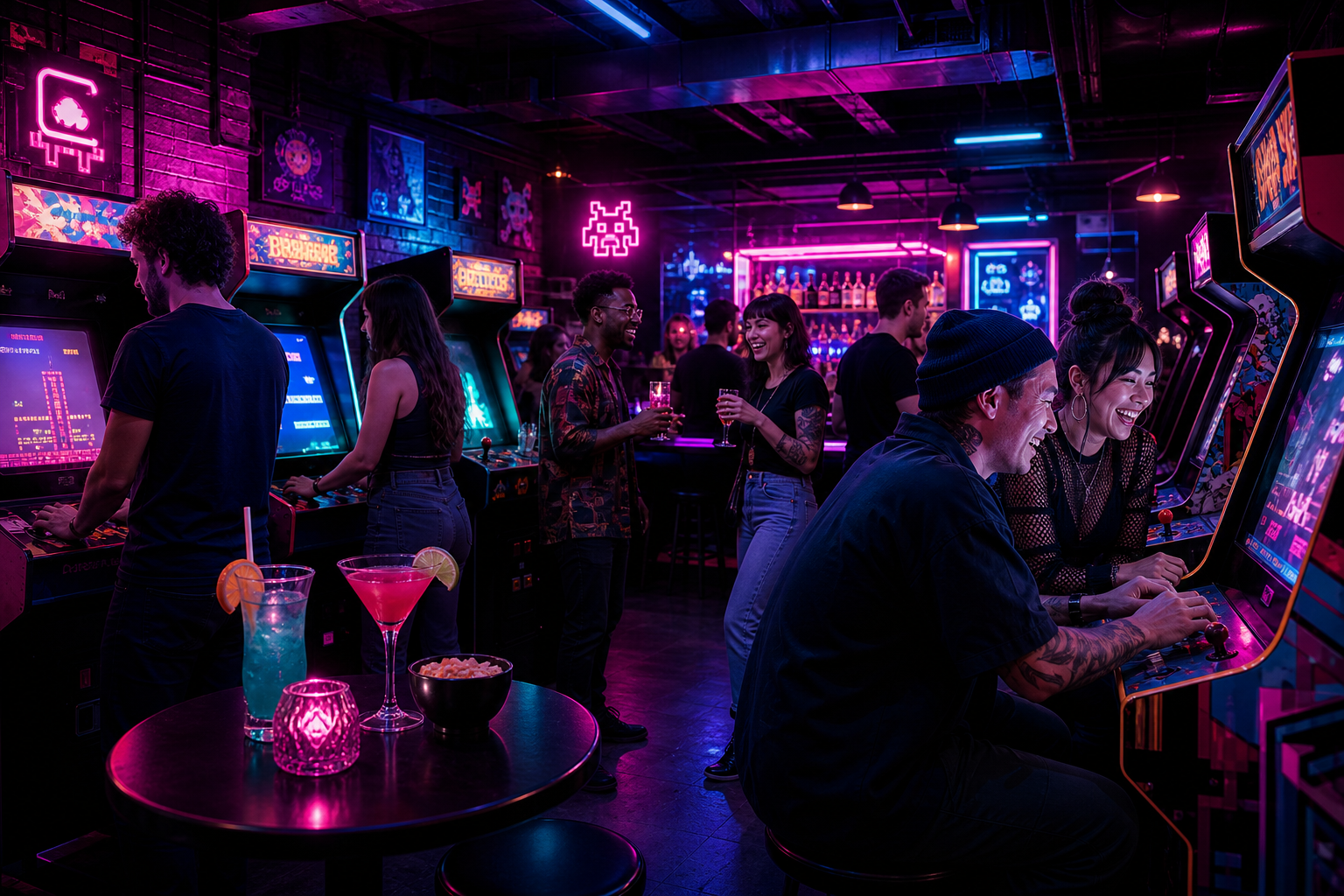 Retro arcade bar interior with glowing cabinets, cocktails on a table, and friends laughing together in neon light