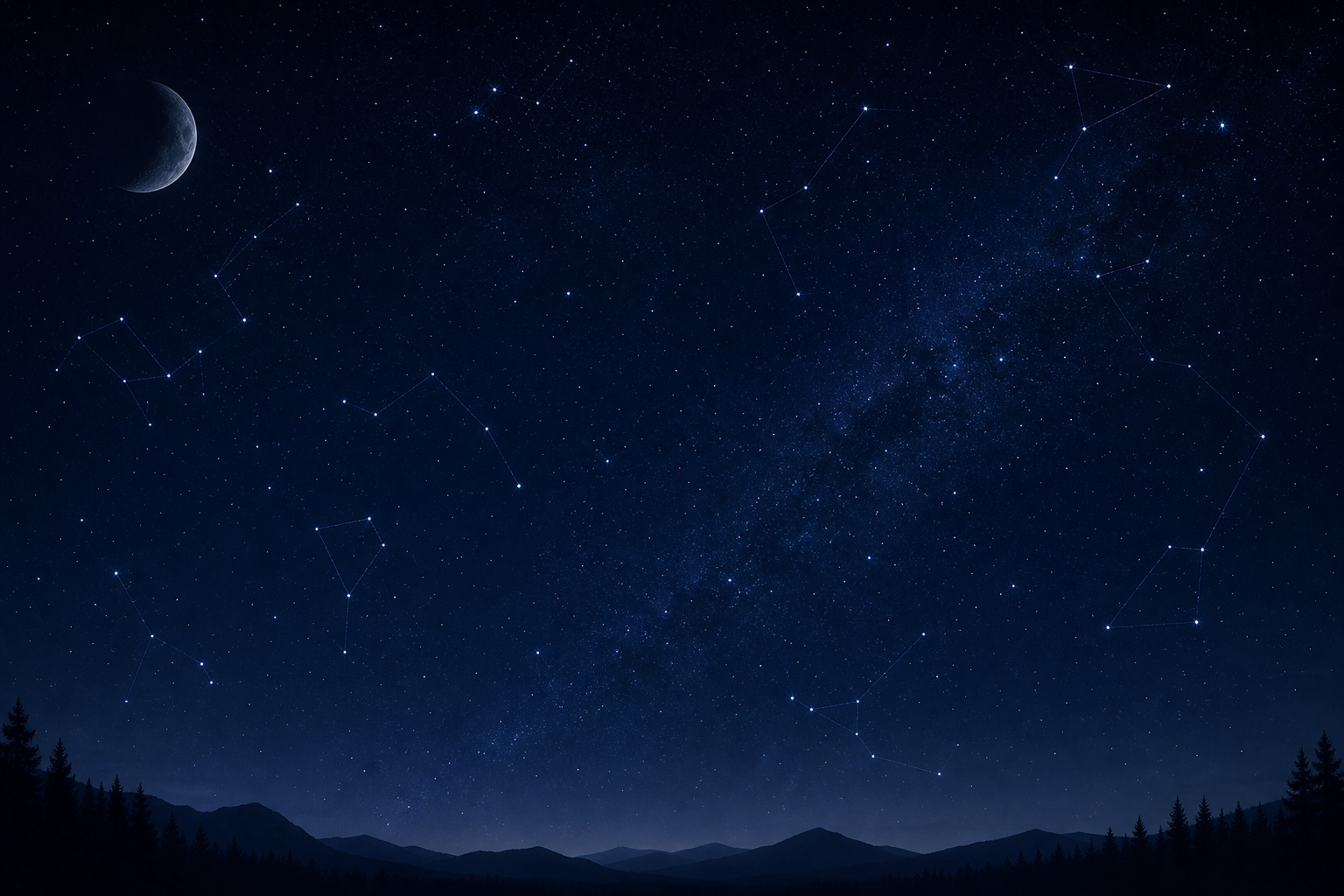 Calm deep-night sky with faint constellation linework and soft star clusters