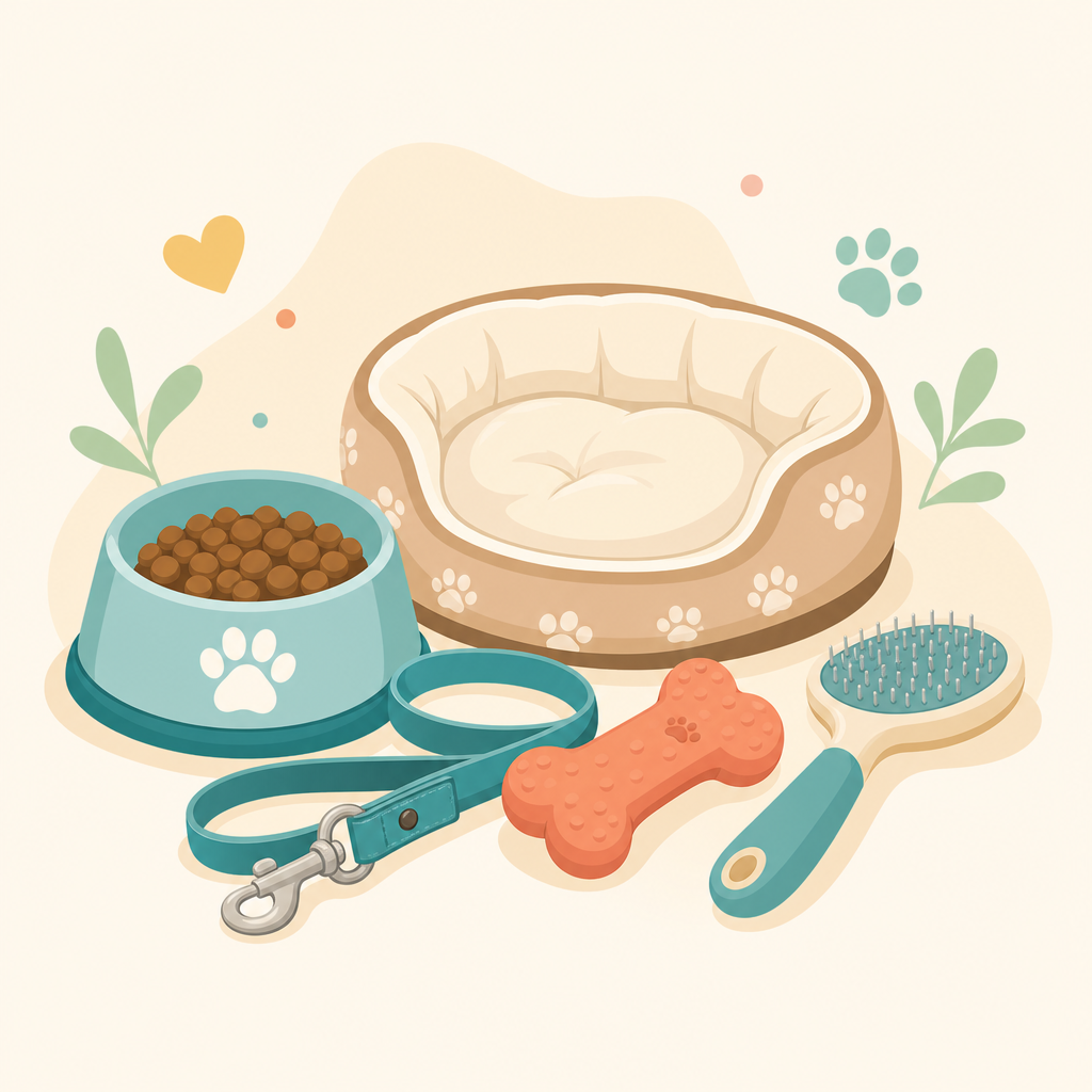 Flat illustration of pet-care essentials including a food bowl, leash, toy, grooming brush, and cozy bed with rounded shapes