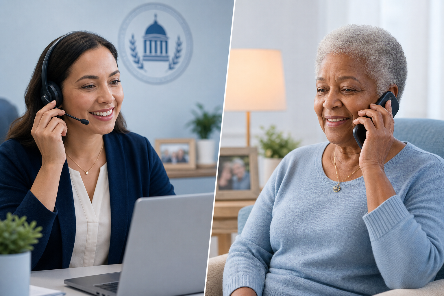 A public service caseworker warmly speaking on a headset with an older adult on a phone call, soft blue background, calm lighting, and a reassuring civic setting