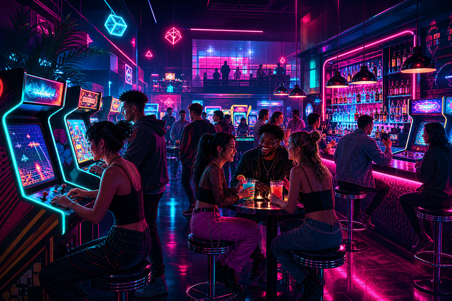 Stylized neon-lit arcade bar scene with friends gathered near glowing cabinets and a cocktail counter